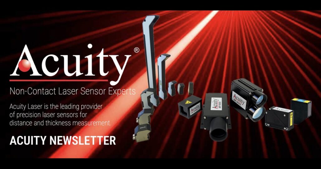 Acuity Newsletter banner featuring Acuity Laser non-contact laser sensors, including AR1000, AR2500, and AR3000 distance sensors
